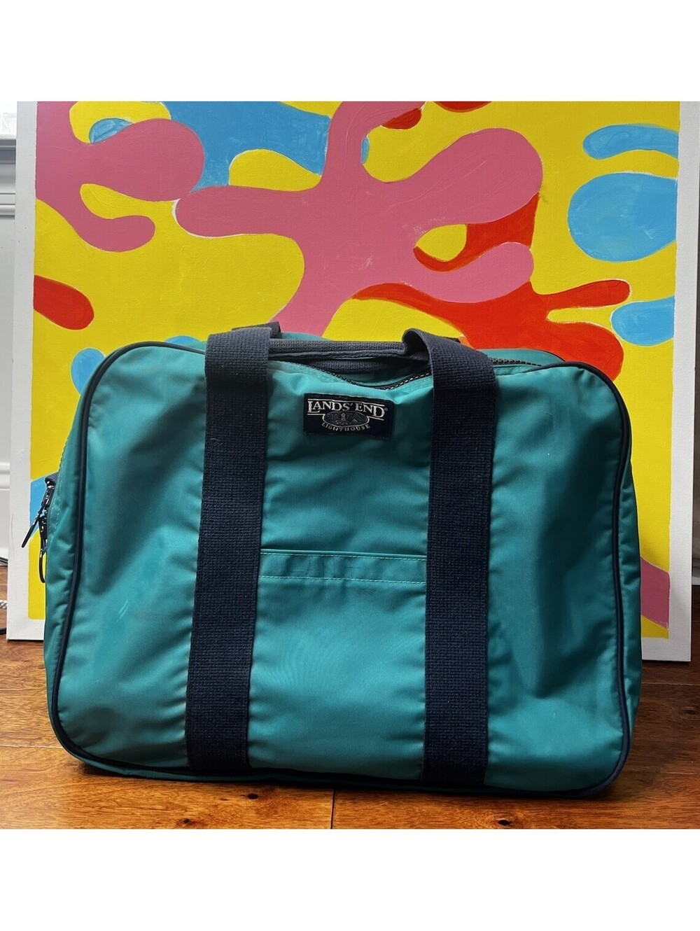 Vintage Lands' End Lighthouse Duffle Bag Teal Blue Nylon Luggage Made in USA 18"